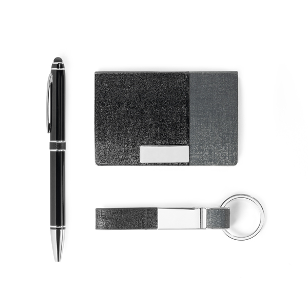 Kit de porta cartões, chaveiro e esferográfica